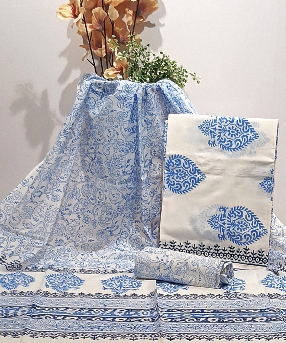 Cotton sky blue white hand block printed dress material
