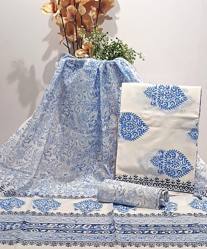 Cotton sky blue white hand block printed dress material