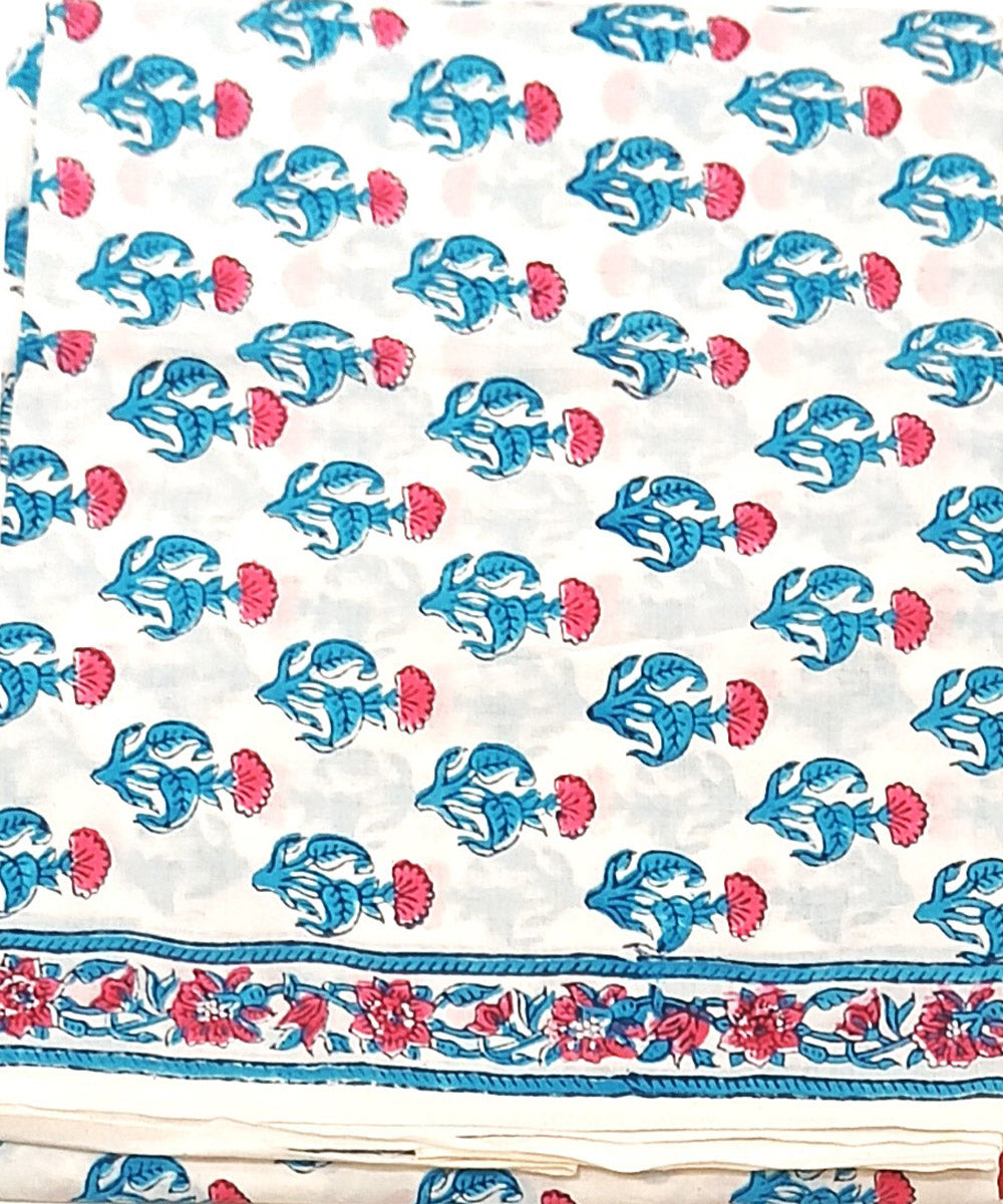 Cotton sky blue white hand block print dress material