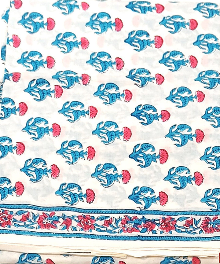 Cotton sky blue white hand block print dress material