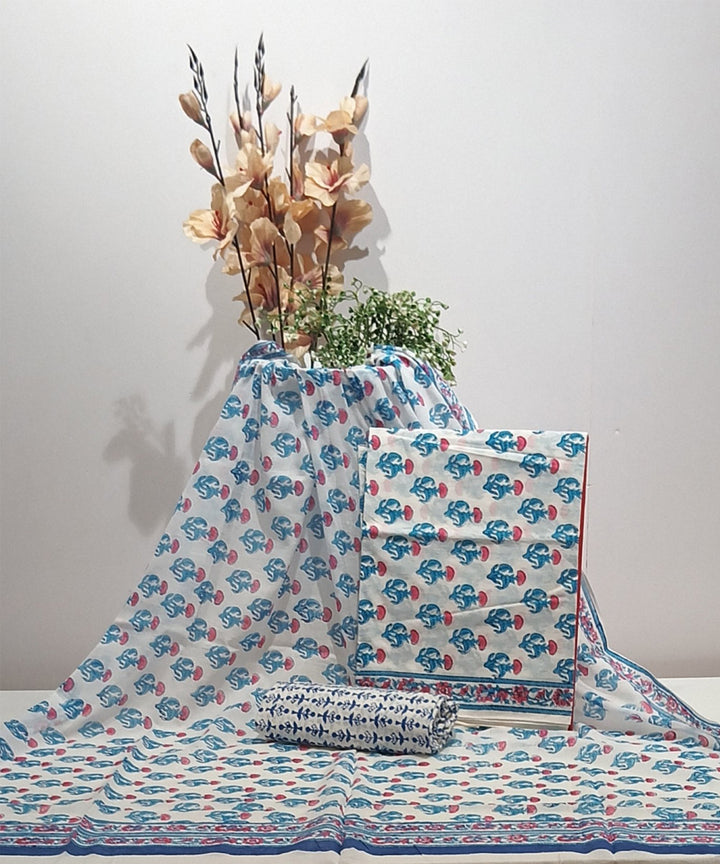 Cotton sky blue white hand block print dress material
