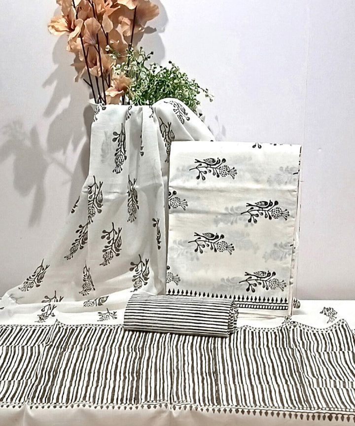 Cotton grey white hand block printed dress material