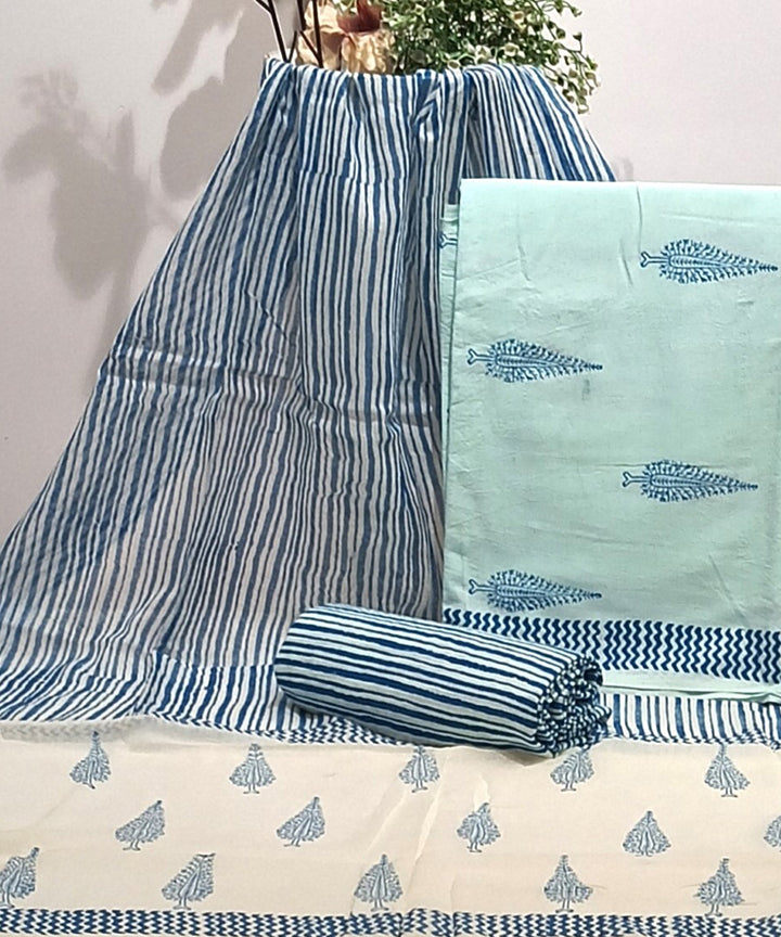 Sky blue white cotton hand block print dress material