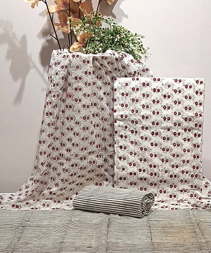 Cotton maroon white hand block printed dress material