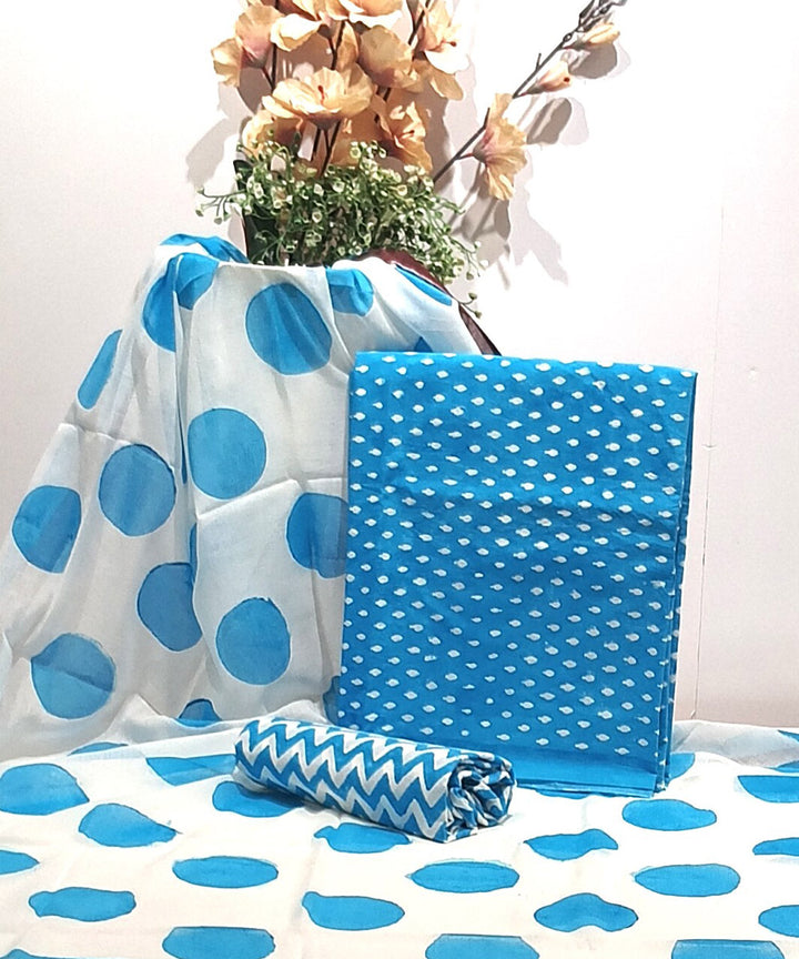 Sky blue white cotton hand block-printed dress material