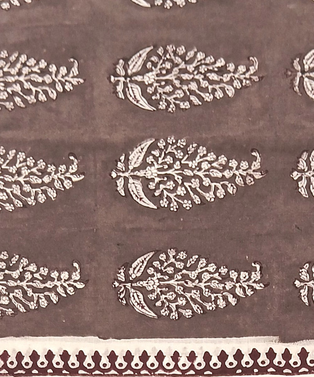 Maroon grey white hand block printed cotton dress material