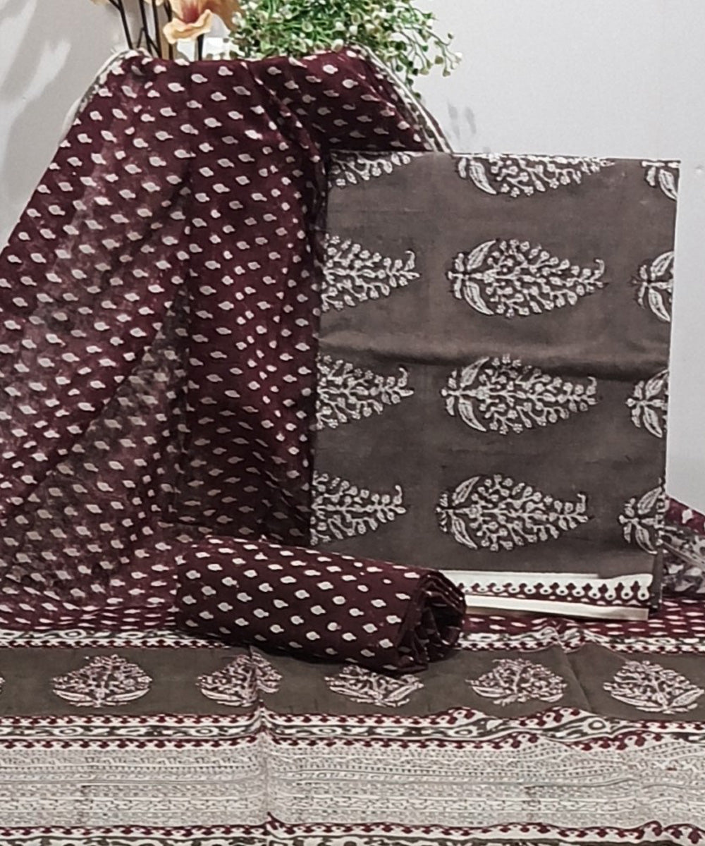 Maroon grey white hand block printed cotton dress material