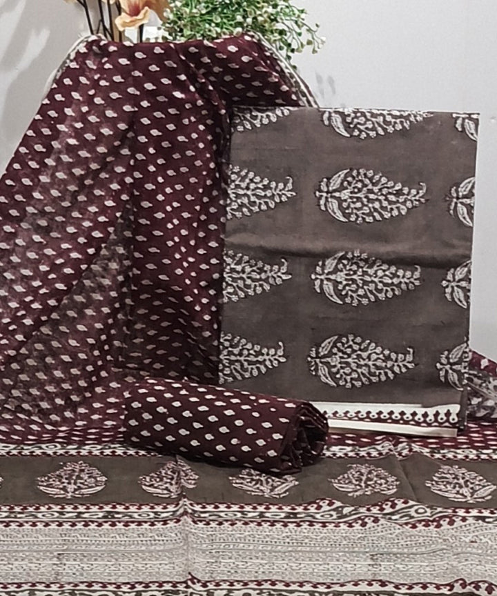 Maroon grey white hand block printed cotton dress material