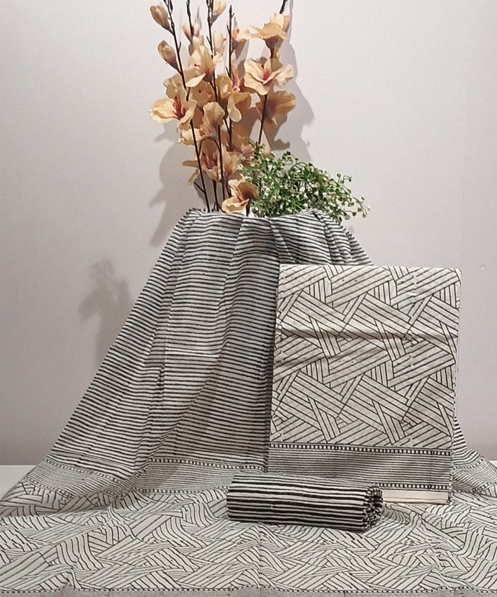 Cotton grey white hand block print dress material