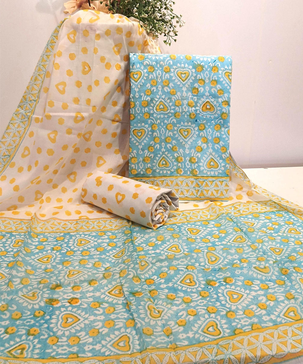 Sky blue yellow hand block printed cotton dress material