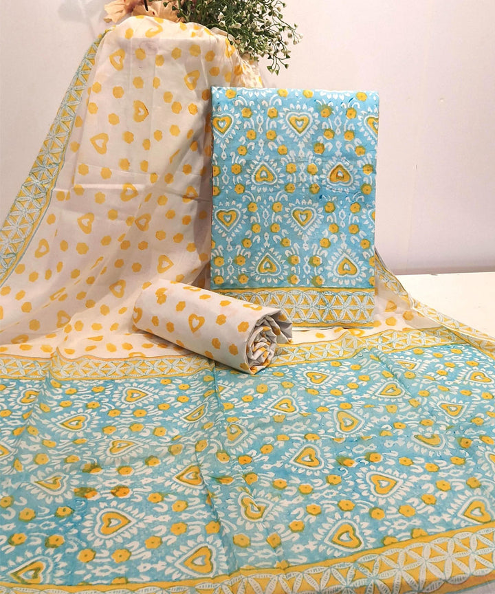 Sky blue yellow hand block printed cotton dress material