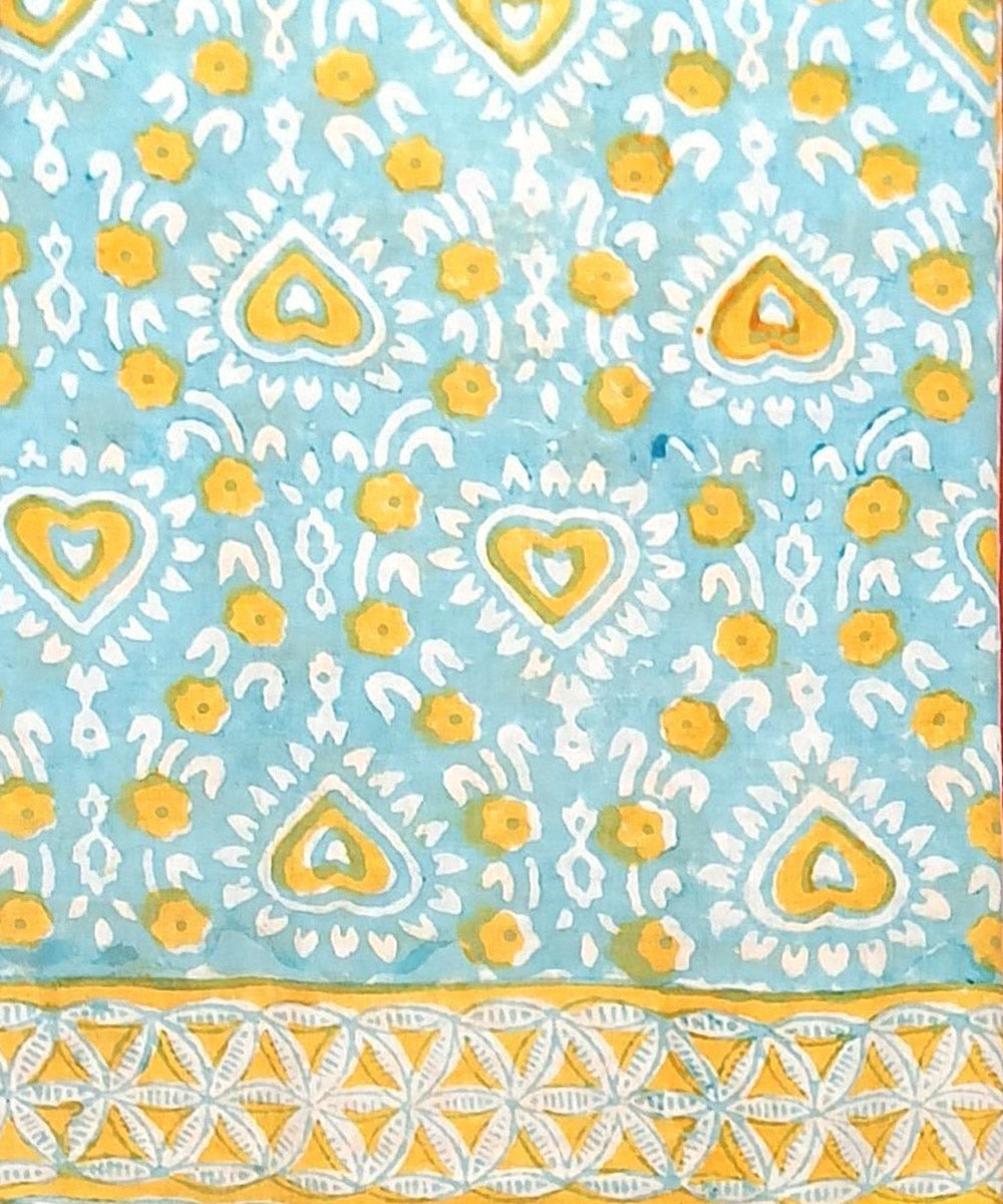 Sky blue yellow hand block printed cotton dress material