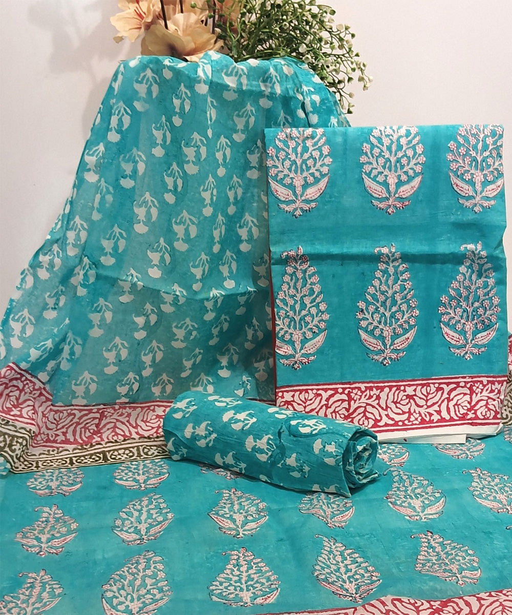 Sky blue pink hand block printed cotton dress material