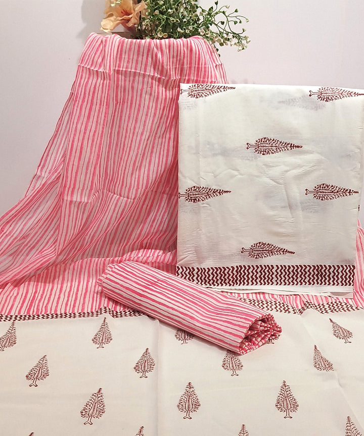 Hand block printed cotton pink offwhite dress material