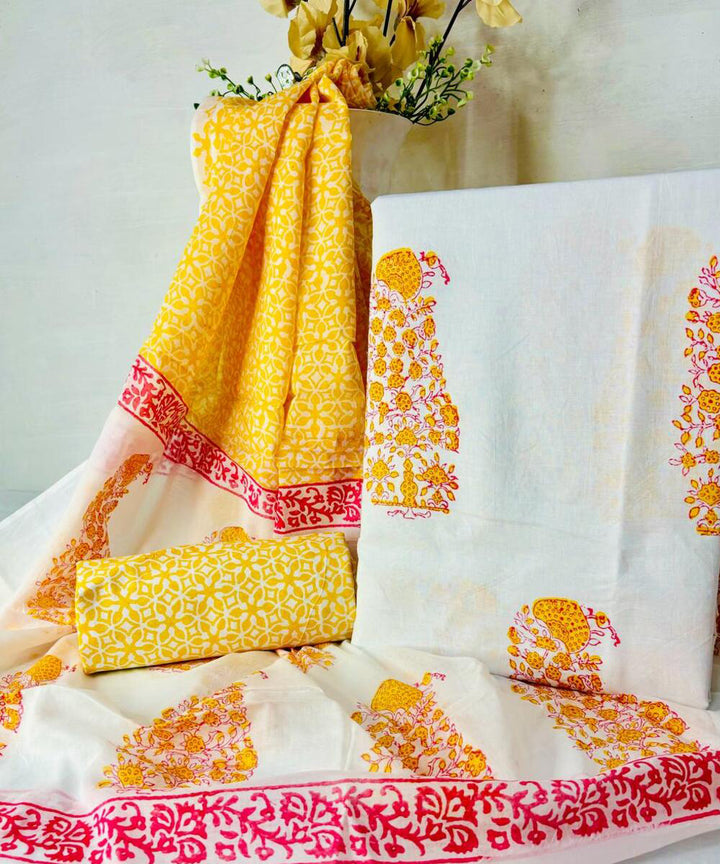 Yellow white pink hand block printed cotton dress material