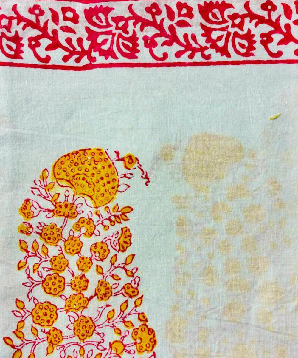 Yellow white pink hand block printed cotton dress material