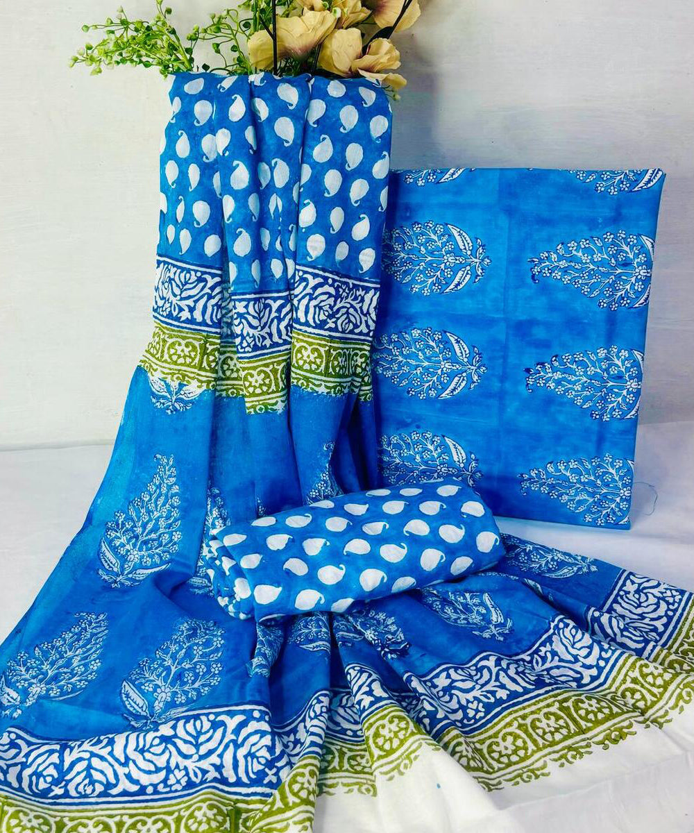 Sky blue olive green hand block printed cotton dress material