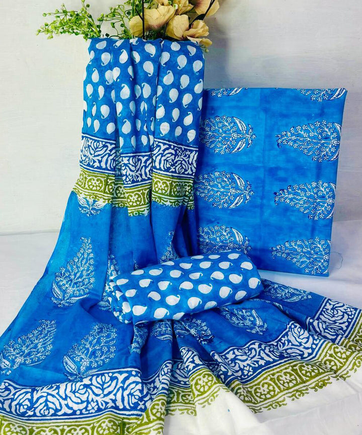 Sky blue olive green hand block printed cotton dress material