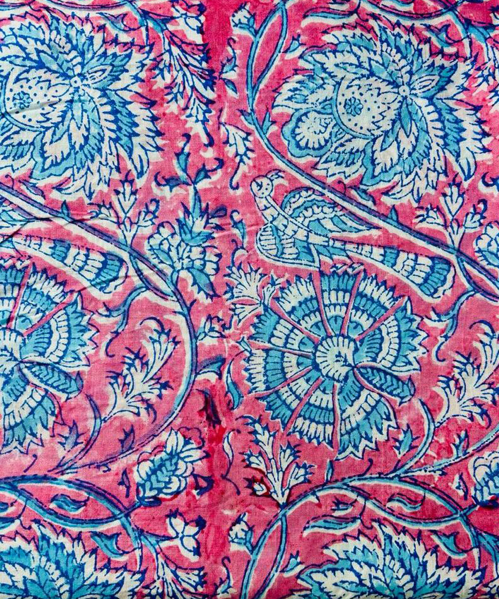 Sky blue red hand block printed cotton dress material