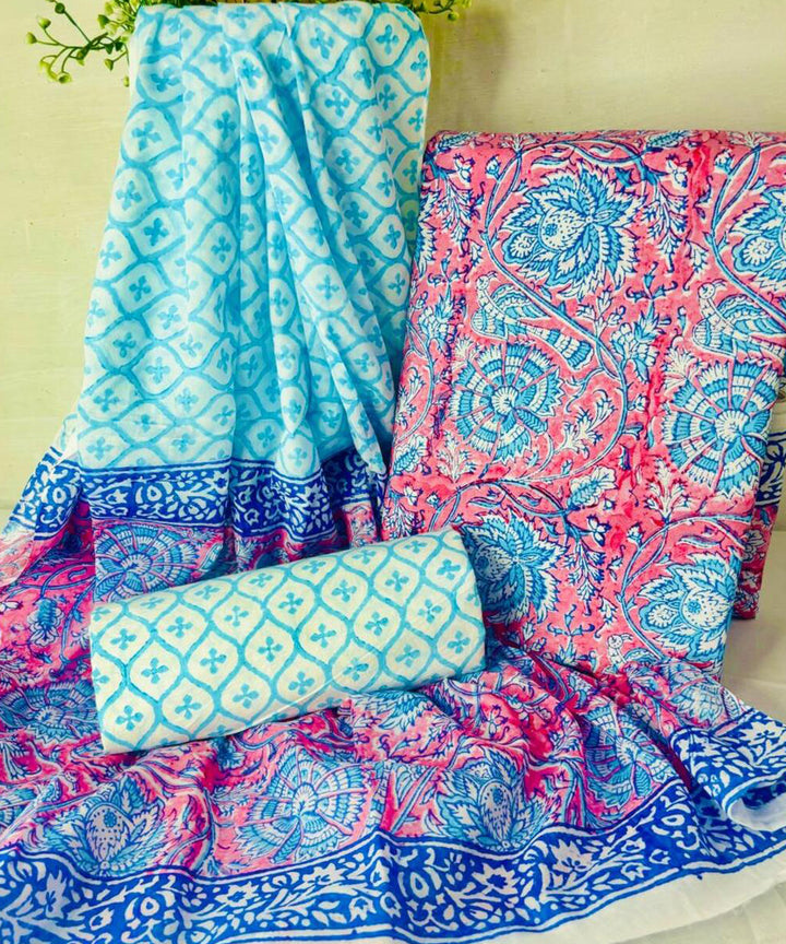 Sky blue red hand block printed cotton dress material