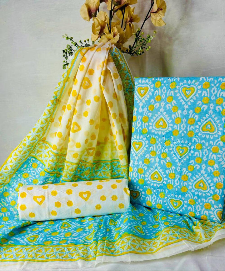 Sky blue green hand block printed cotton dress material
