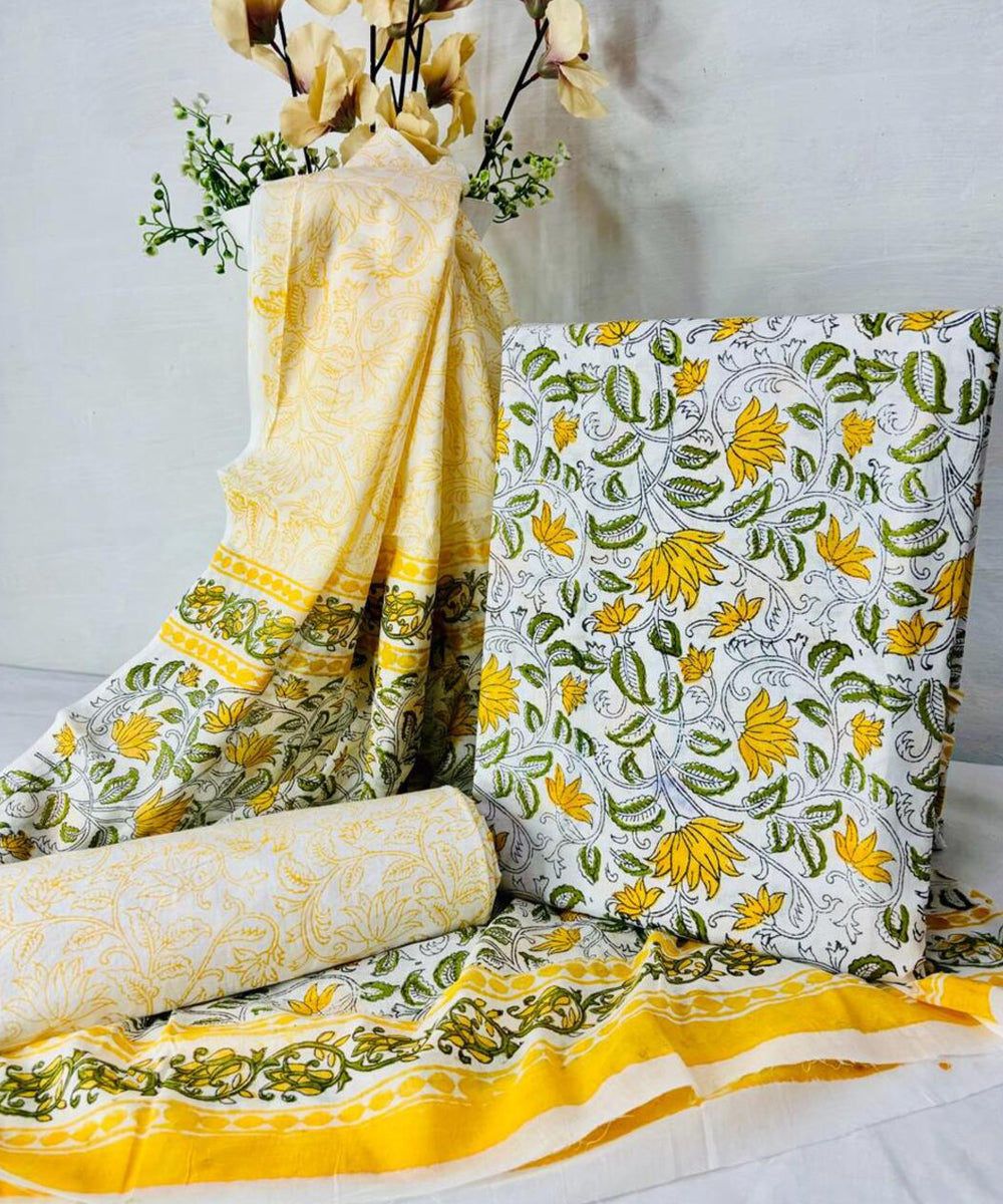 Yellow white grey hand block printed cotton dress material