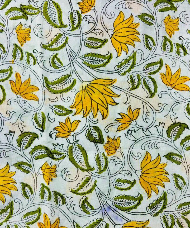 Yellow white grey hand block printed cotton dress material