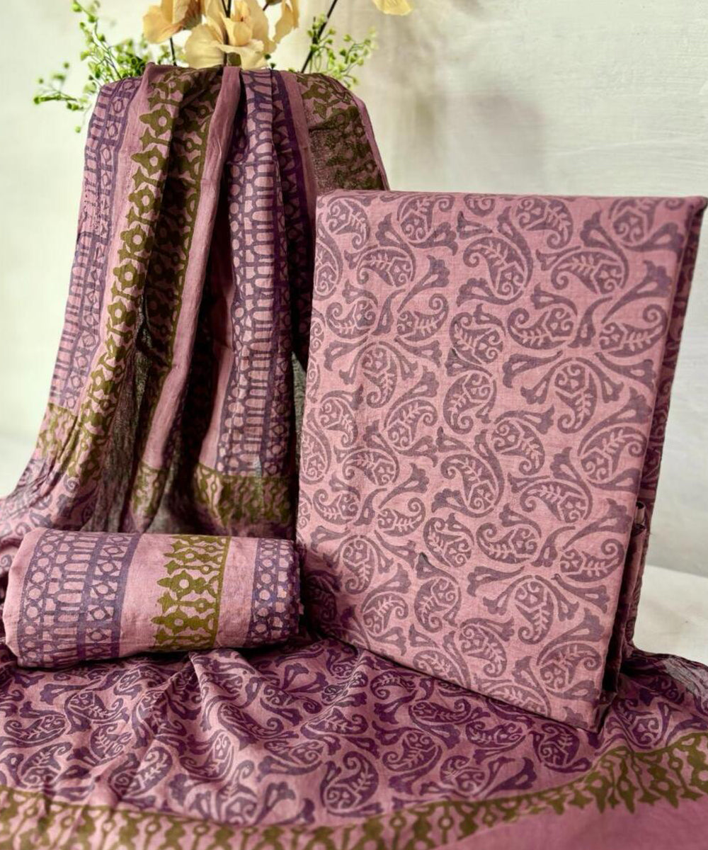 Pink grey hand block printed cotton dress material