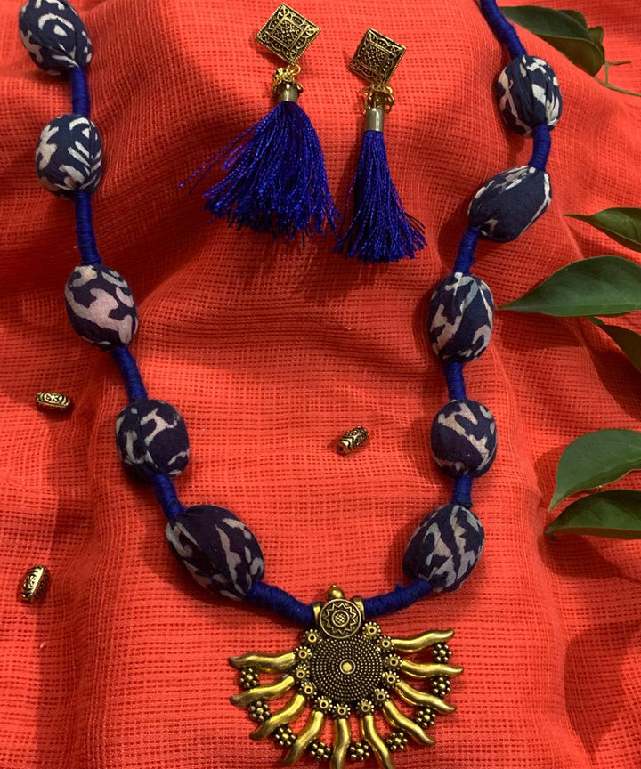 Navy blue antique gold handmade block print fabric and metal necklace