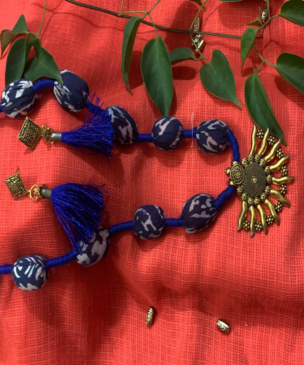 Navy blue antique gold handmade block print fabric and metal necklace