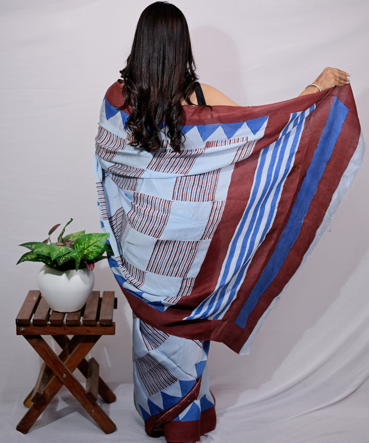 Sky blue light blue modal silk hand block printed saree