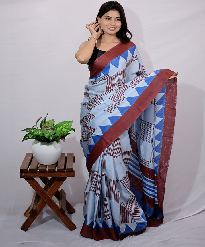 Sky blue light blue modal silk hand block printed saree