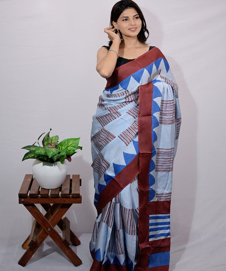 Sky blue light blue modal silk hand block printed saree