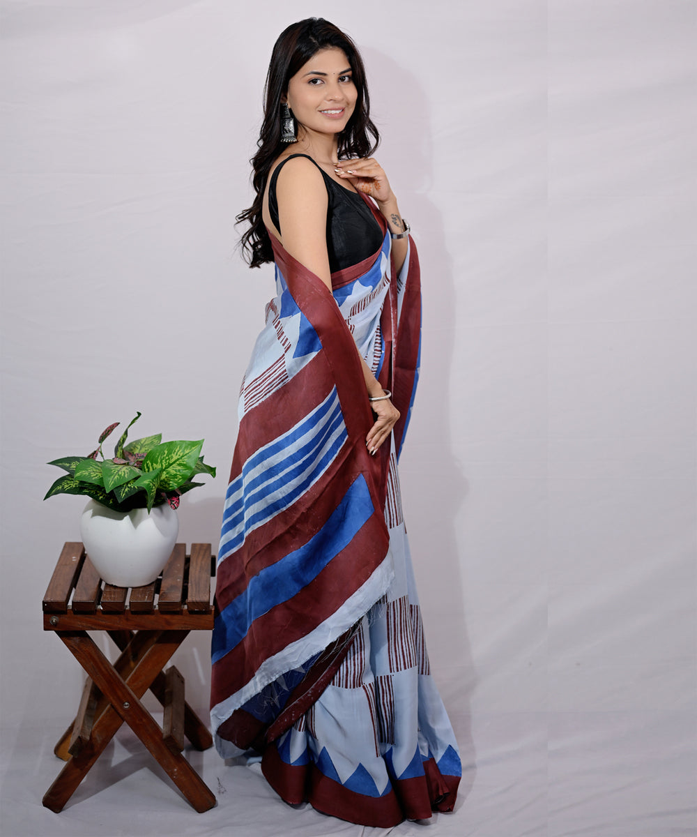 Sky blue light blue modal silk hand block printed saree