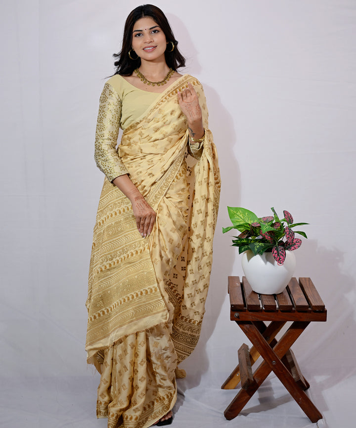 Cream golden yellow hand-block printed modal silk saree
