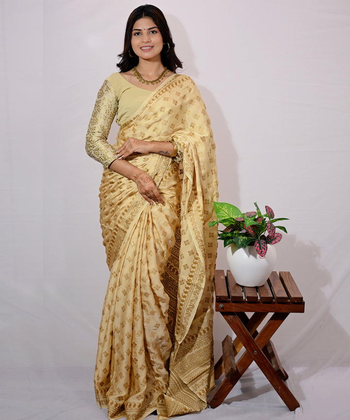 Cream golden yellow hand-block printed modal silk saree