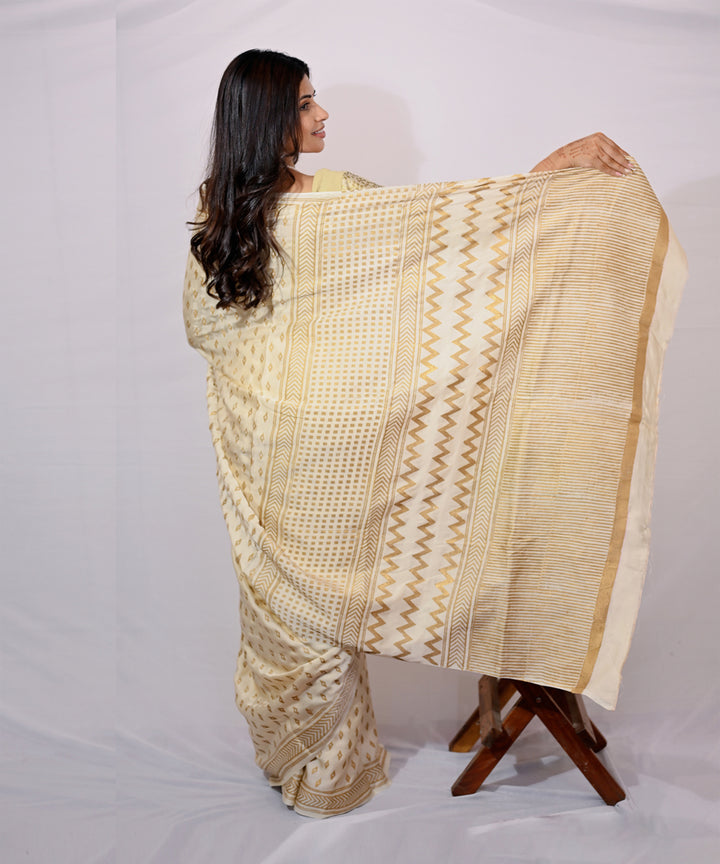 Cream golden yellow modal silk hand block printed saree