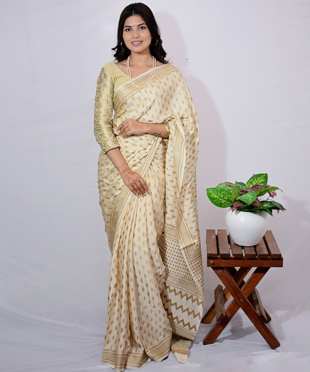 Cream golden yellow modal silk hand block printed saree