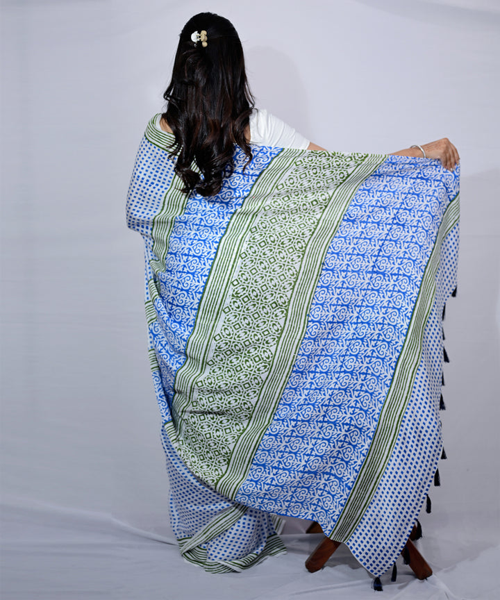 Cream white modal silk hand block printed saree