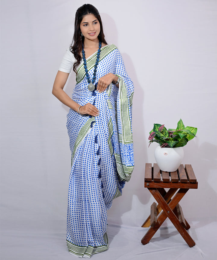 Cream white modal silk hand block printed saree