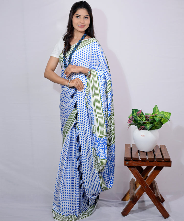 Cream white modal silk hand block printed saree