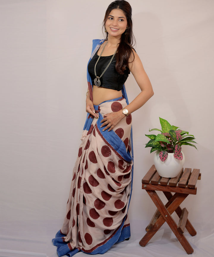 Cream cyan blue modal silk hand block printed saree