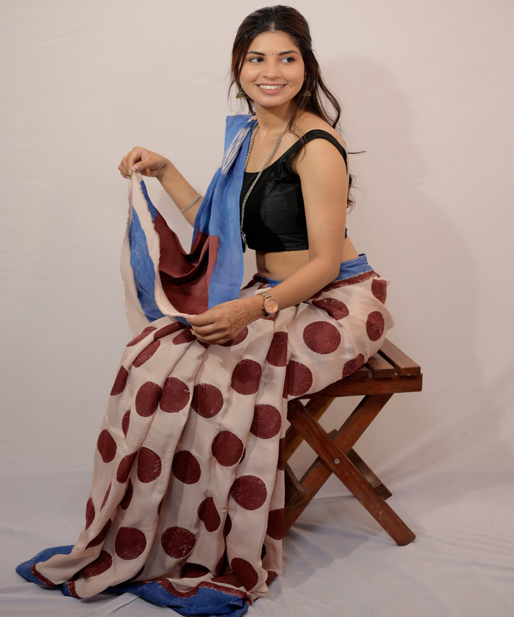 Cream cyan blue modal silk hand block printed saree