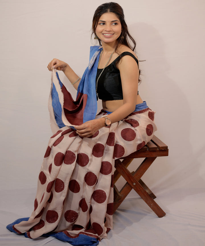Cream cyan blue modal silk hand block printed saree