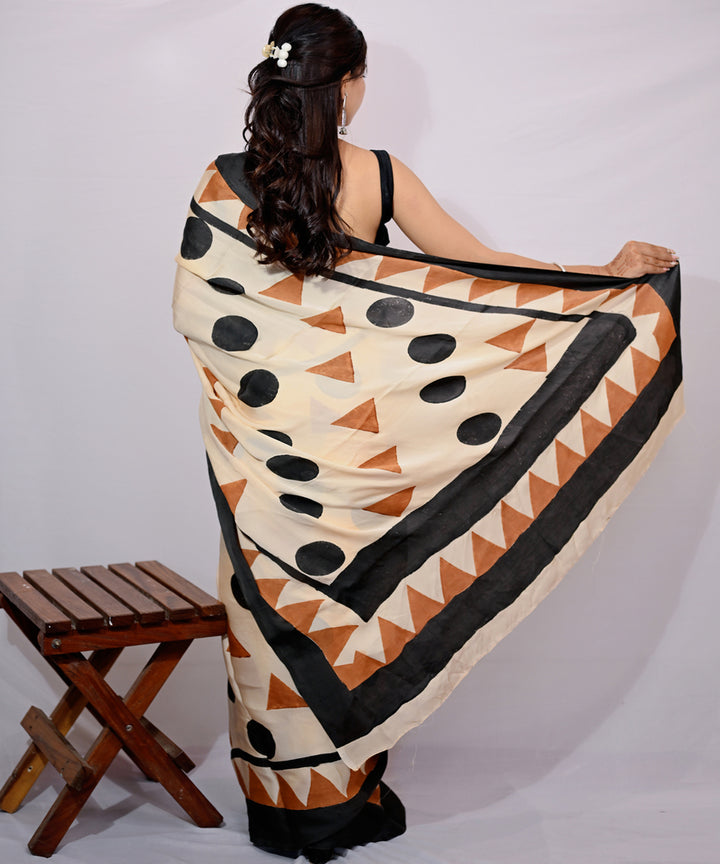 Cream black modal silk hand block printed saree
