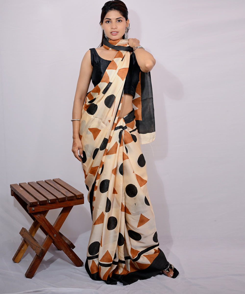 Cream black modal silk hand block printed saree