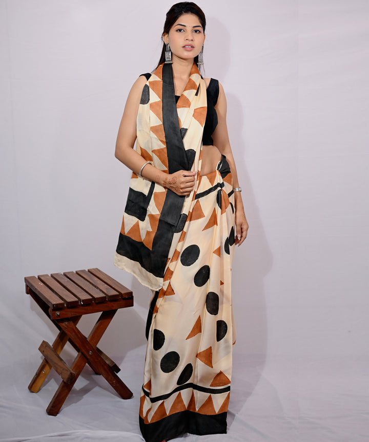 Cream black modal silk hand block printed saree