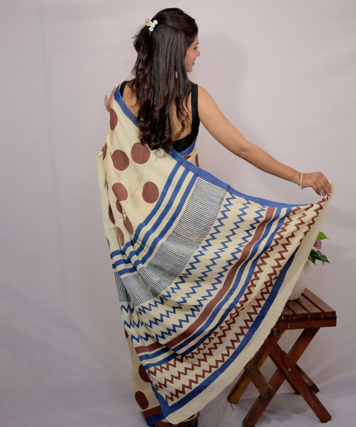 Cream brown modal silk hand block printed saree