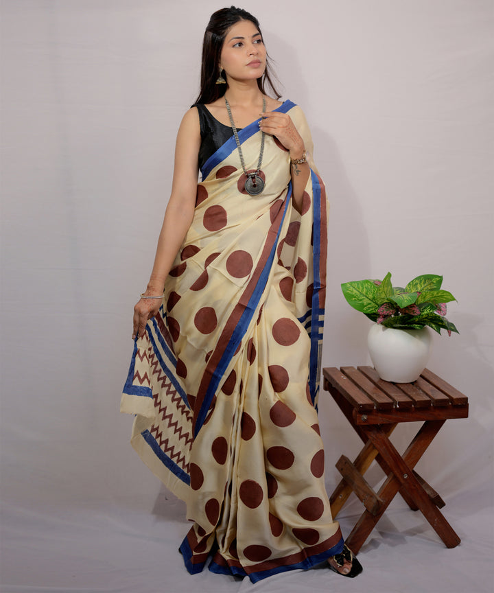 Cream brown modal silk hand block printed saree