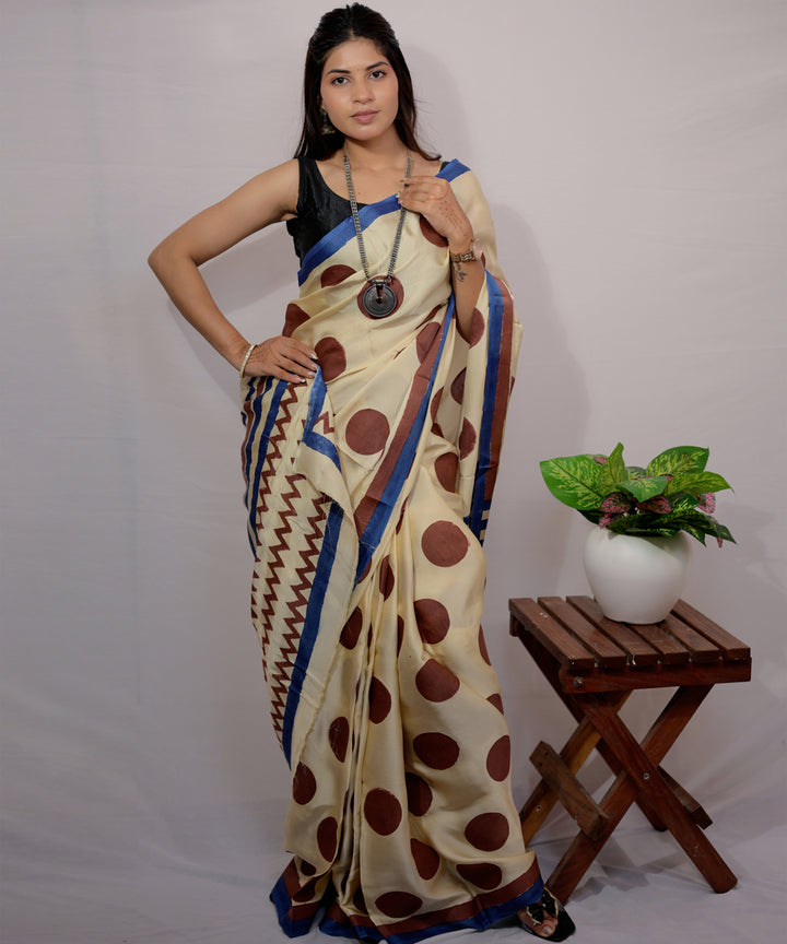Cream brown modal silk hand block printed saree